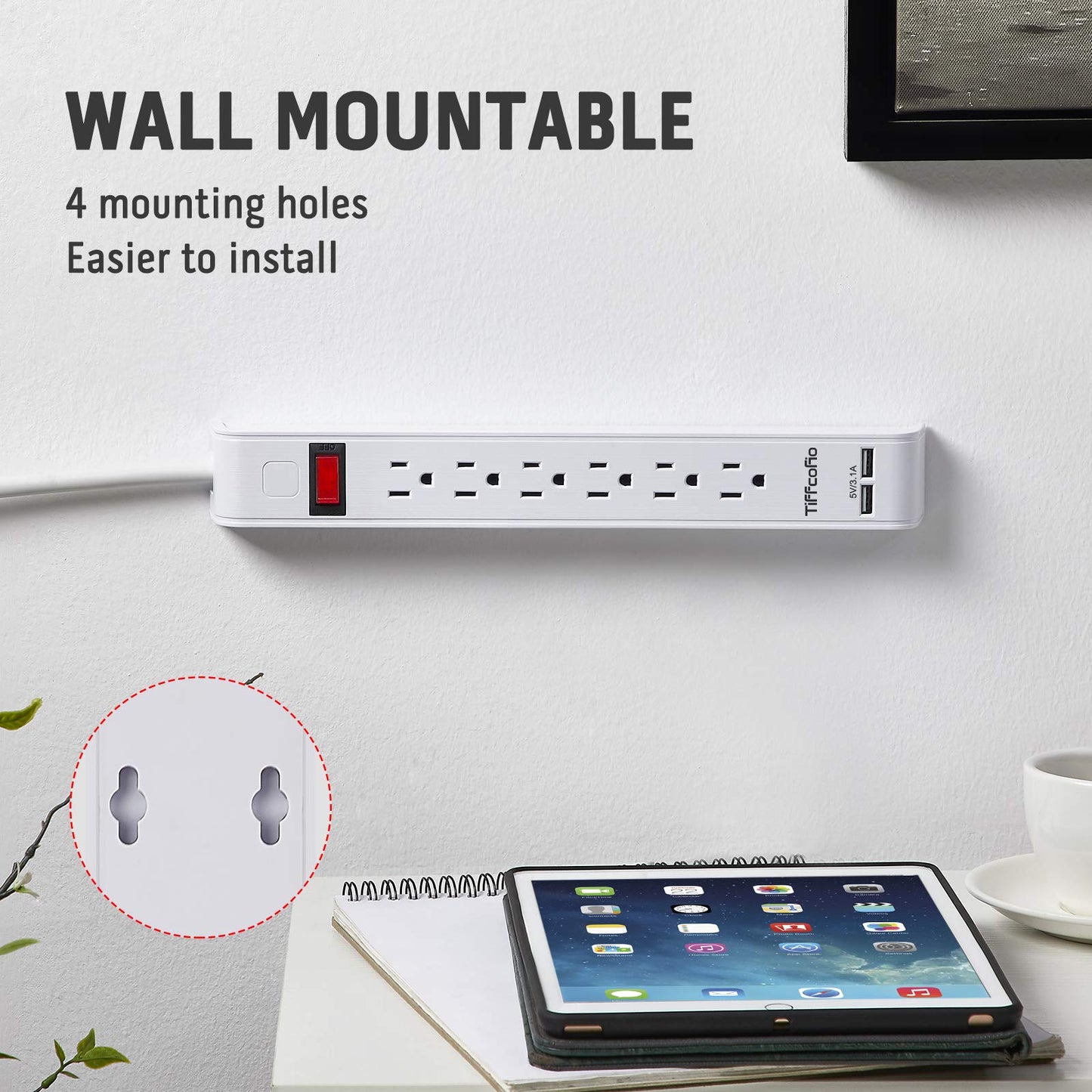 Power Strip Surge Protector with 6 Outlets & 2 USB Ports, 8 Feet Extension Cord, Flat Plug Outlet Strip, 1000 Joules Surge Protection, Wall Mount