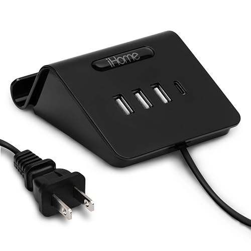 iHome 4 Port USB Charging Hub, 3 USB-A, 1 USB-C, Smartphone Dock, 6ft Power Cord, Lightweight & Portable