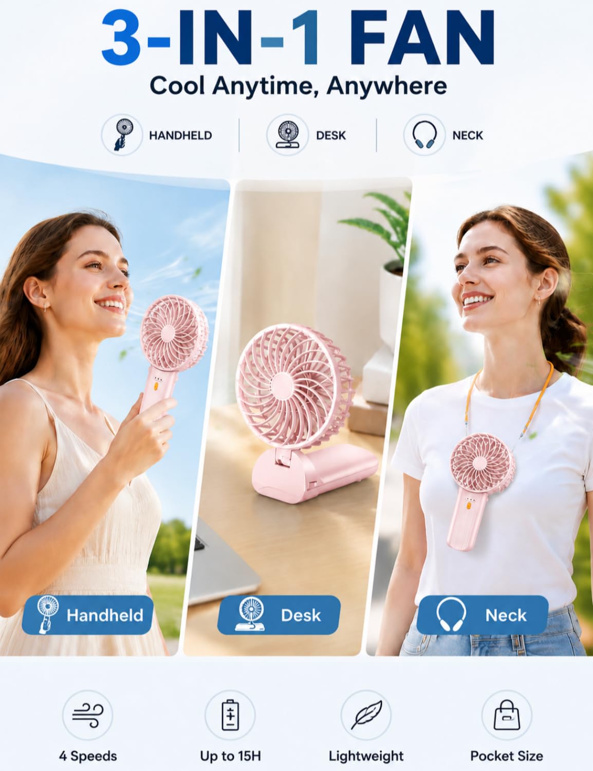 Breezefan Portable Mini Fan, Quiet Foldable Fan with Lanyard (Pink)