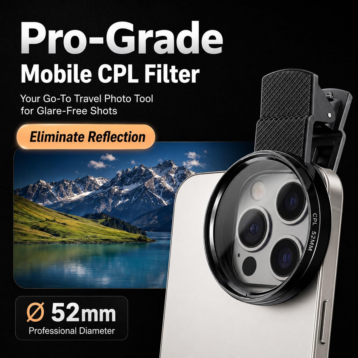 52mm Clip-on CPL Phone Camera Lens Filter Kit, Circular Polarizer Polarizing Filter Compatible with iPhone 17 16 15 14 13 12 11