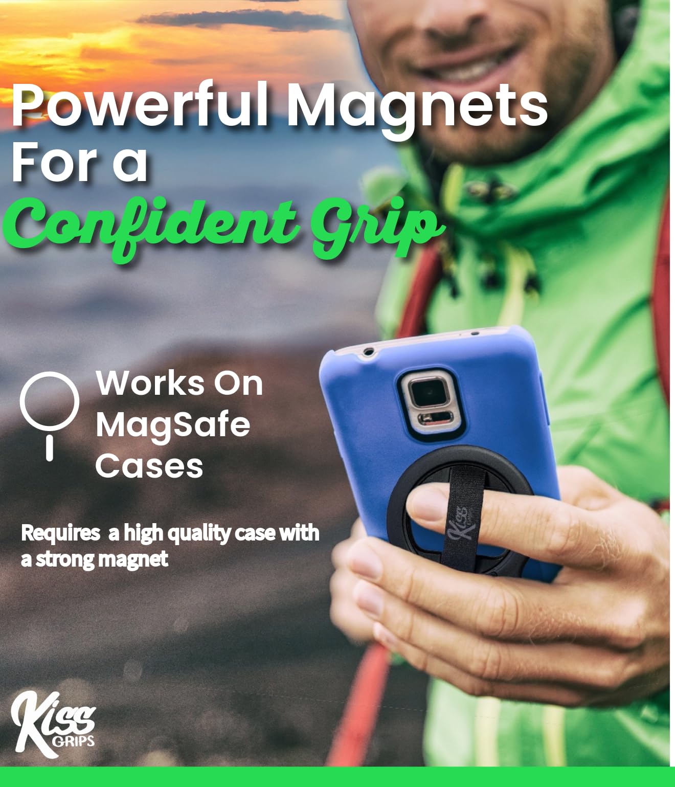 KISS GRIPS Phone Grip for MagSafe, Holder, Loop, and Kickstand - Ultra-Thin Dual Magnetic 360° Spin Tripod, Selfie Stick, Phone Stand - Wireless