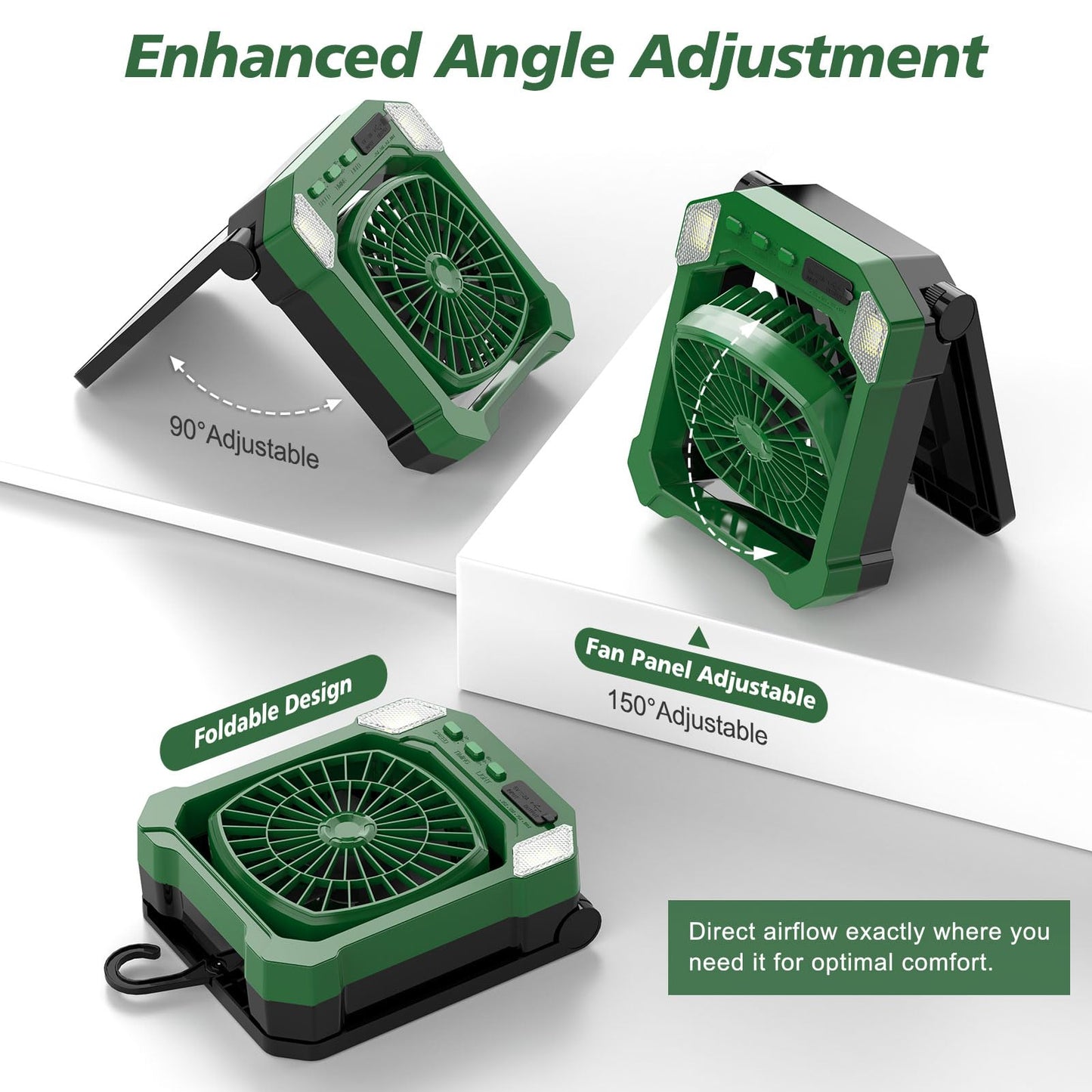 Camping Fan Battery Powered & Solar Powered, Portable Solar Fan 10000mAh Rechargeable Outdoor Fans with Light, Quiet Cordless Fans for Tent, RV