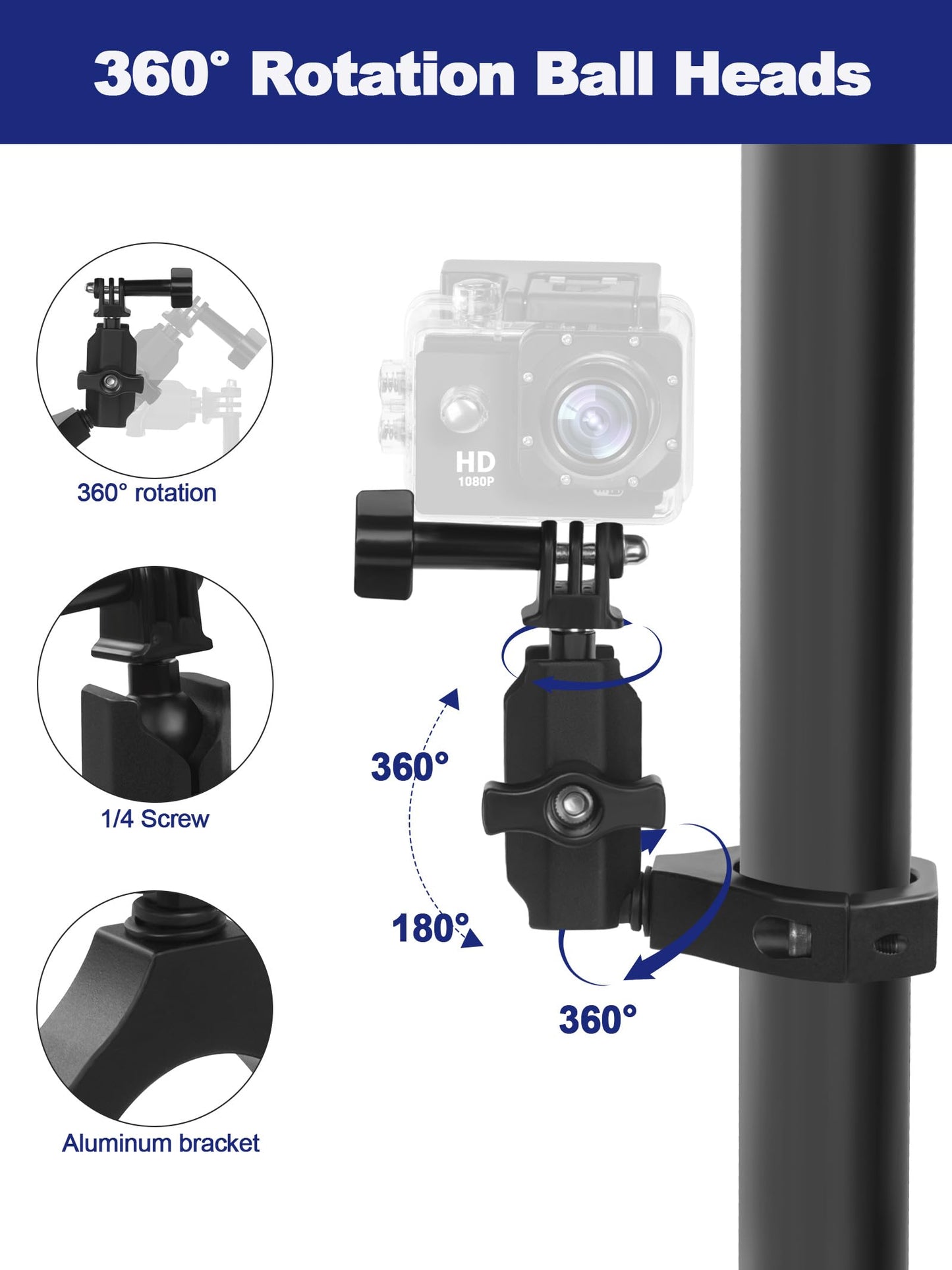 UTV Camera Mount for 1.75"-2" Roll Cage Mount - Compatible with GoPro, Mevo Start & More - Easy to Install Action Camera Accessories on Polaris RZR