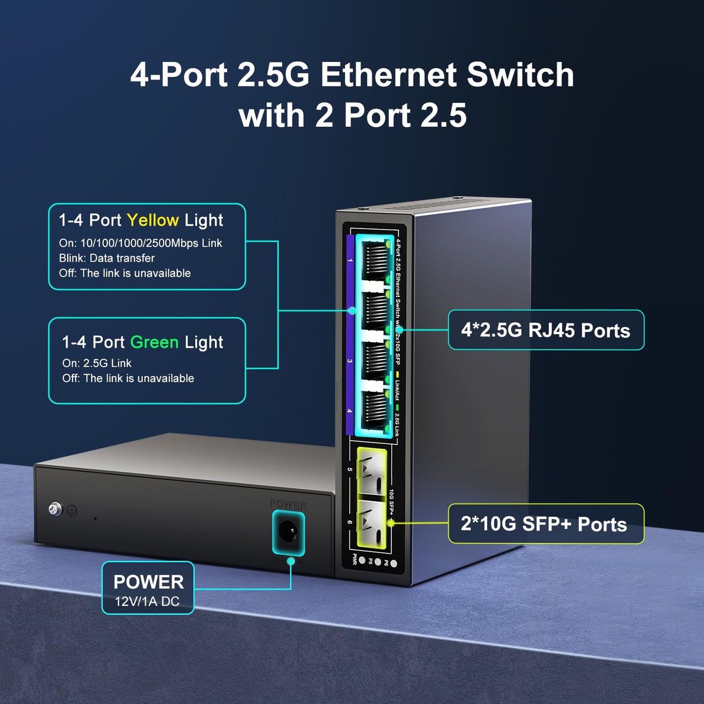 6 Port 2.5G Unmanaged Ethernet Switch, 4 x 2.5G Base-T Ports, 2 x 10G SFP+, Compatible with 100/1000/2500Mbps, Metal Fanless, Desktop/Wall Mount