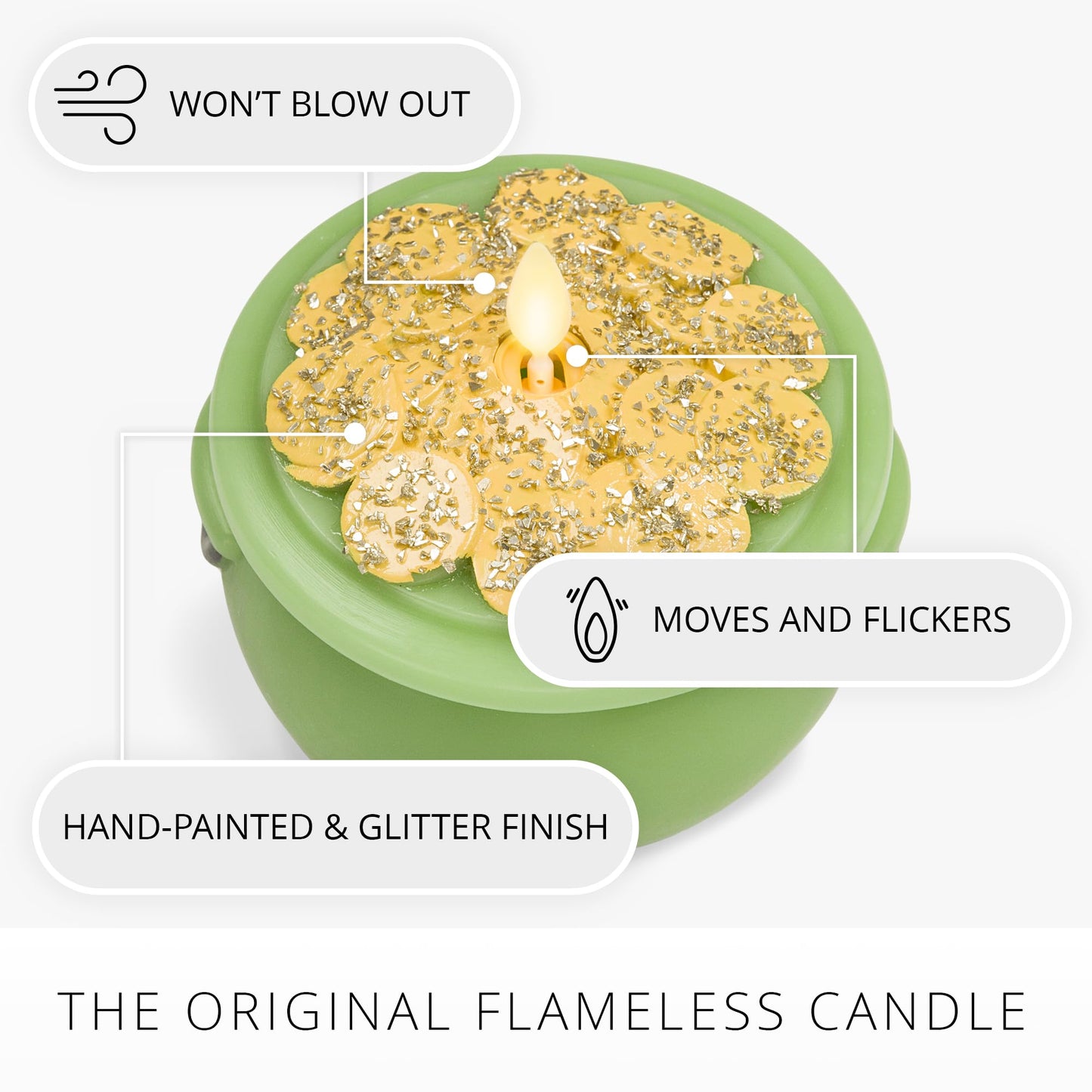Luminara Lucky Green Pot of Gold Candle - Flickering Real-Flame Technology- Flameless LED- Remote Ready- Classic Green St. Patrick's Day- 4.8" x 4.3"