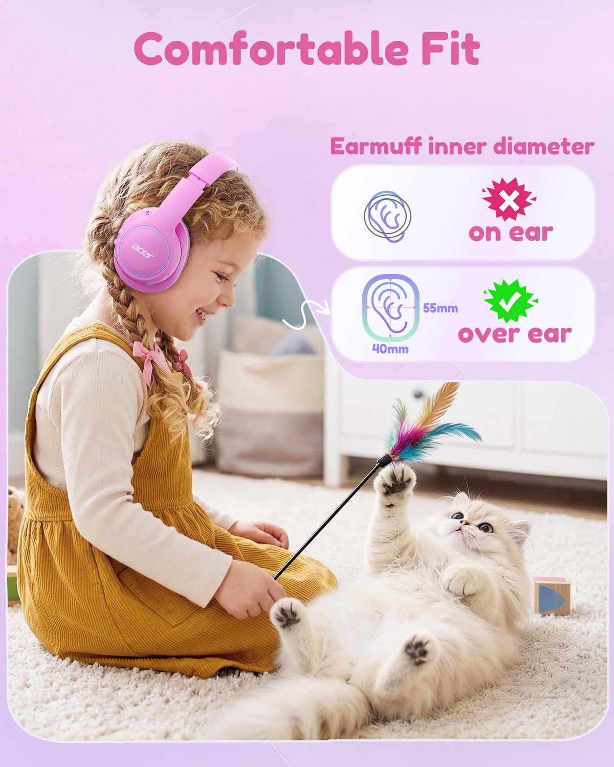 Acer OHR702 Kids Bluetooth Headphones for School with Built-in Mic,Over-Ear