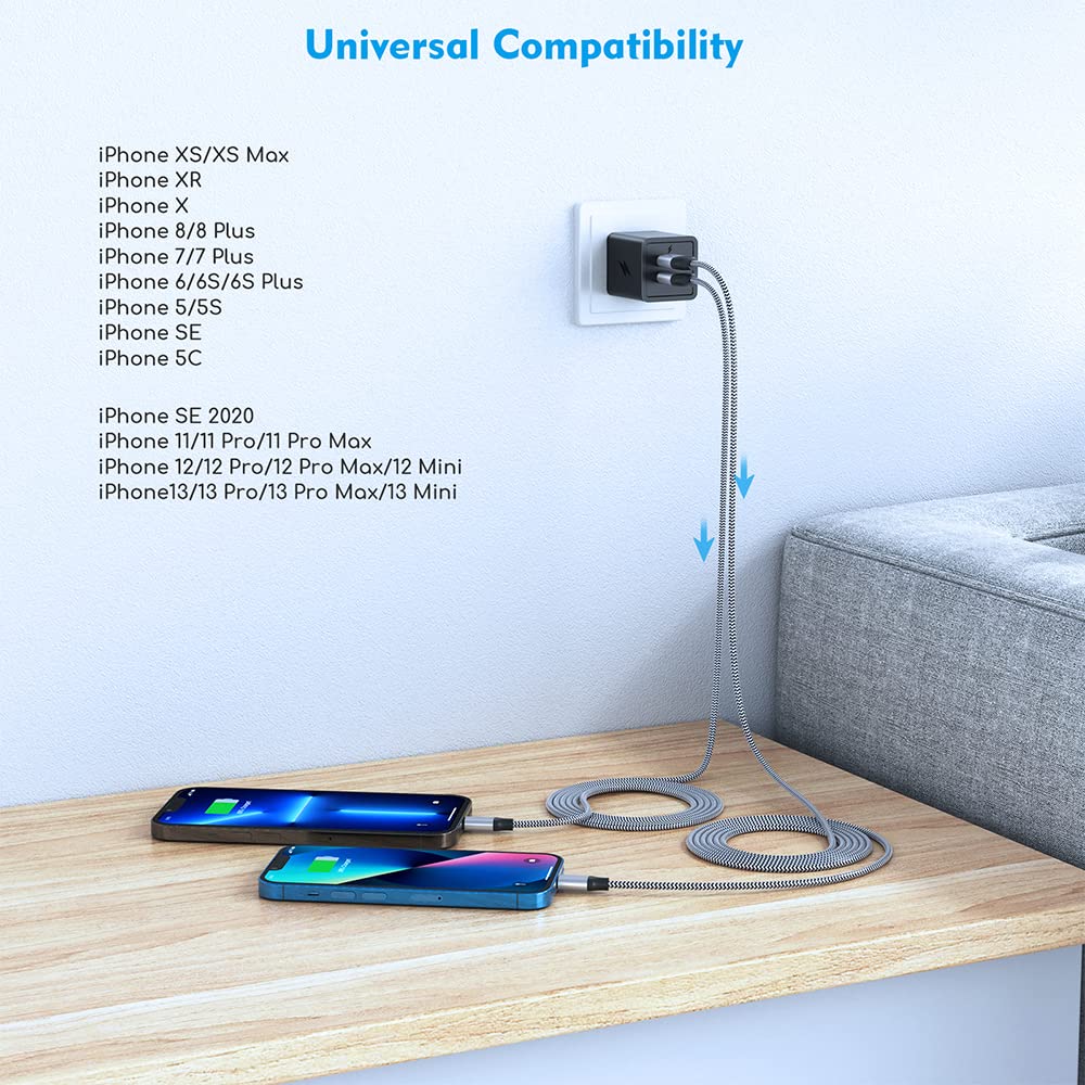 [Apple MFi Certified]iPhone Charger,Dual Port USB Wall Adapter i Phone Charger Block 2.1A 2Pack 6FT Fast Nylon Braided Data Sync Apple Fast Charging…