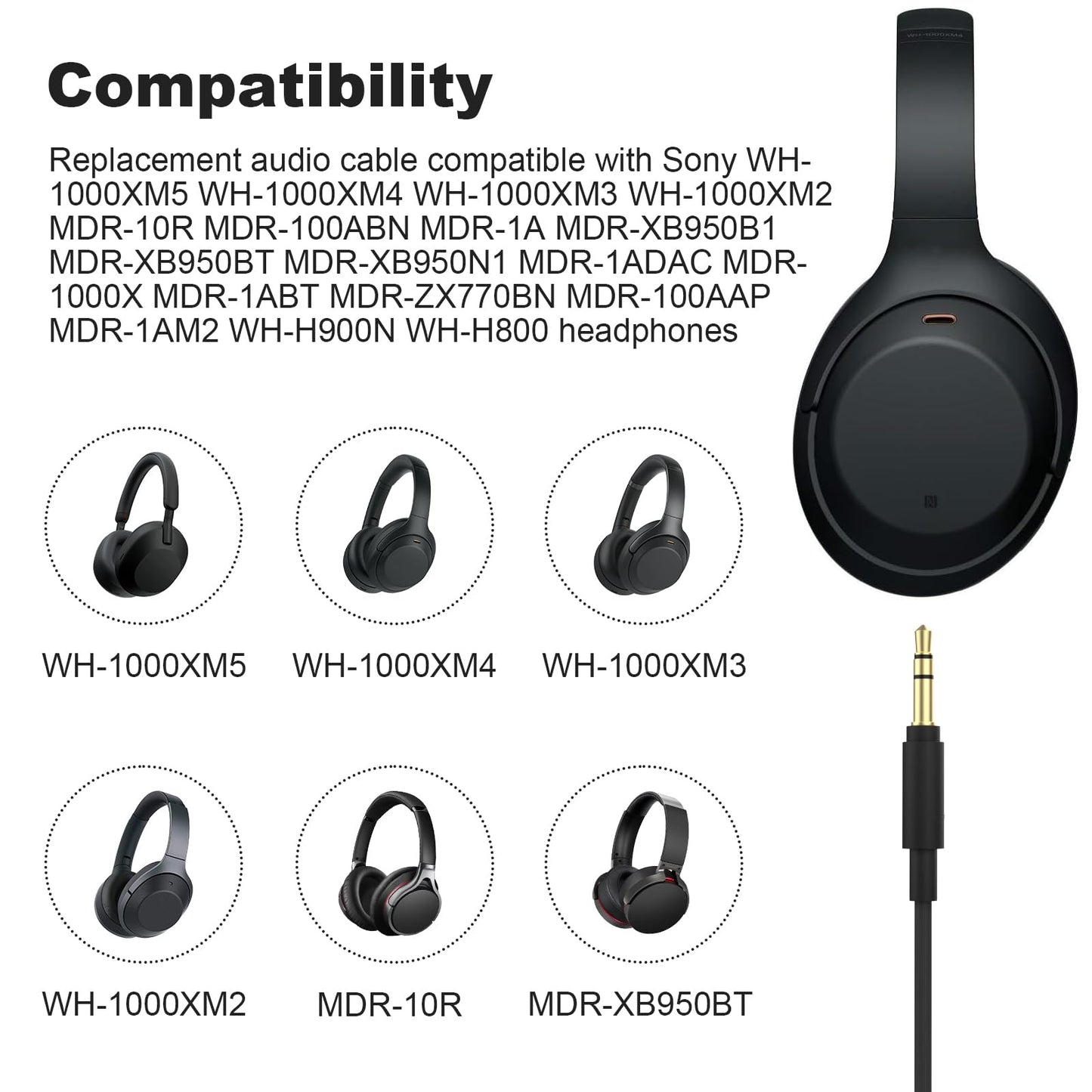Zosvoses WH-1000XM5 Cable Compatible with Sony WH-1000XM6 WH-1000XM5 WH-1000XM4 WH-1000XM3 WH-1000XM2 MDR-1A MDR-100ABN MDR-1000X MDR-XB950BT…