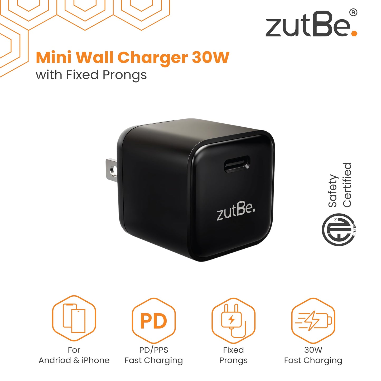 zutBe 30W USB-C Mini Wall Charger, Fast Charging PD PPS for iPhone 17, 16/15/14/13 Pro Max, Galaxy S23/S22, Pixel 8/7, iPad Pro/Mini, ETL Certified