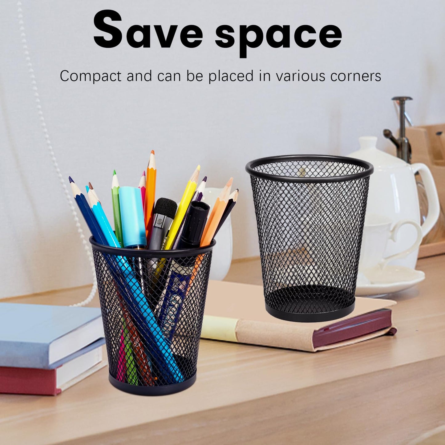 QYH Mesh Pencil Holder for Desk 6 Pack, Metal Pen Cup Black