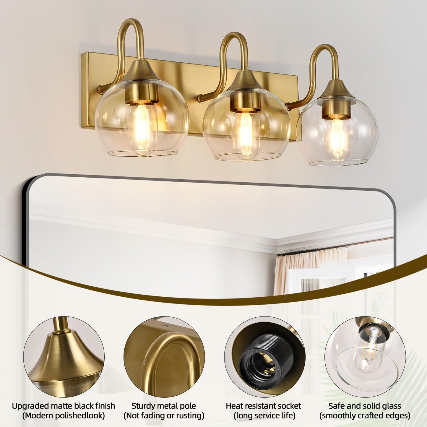 NOVCAND Gold Bathroom Light Fixtures, 3 Light Vanity Light with Clear Glass Shade,L 21" Bathroom Lighting Fixtures Over Mirror