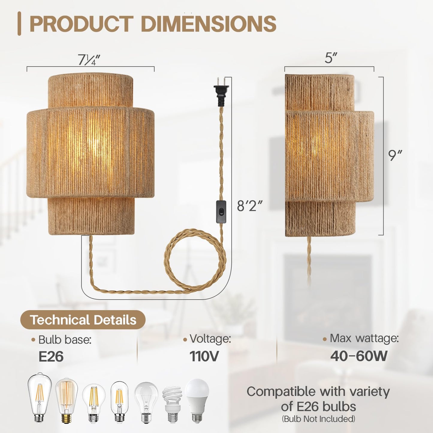 Rattan Wall Lamp with Plug in Cord,Boho Wall Light Fixture with Switch,Plug-in Wall Sconces with Hand Woven Hemp Rope Shade, Rustic Home Decor Light