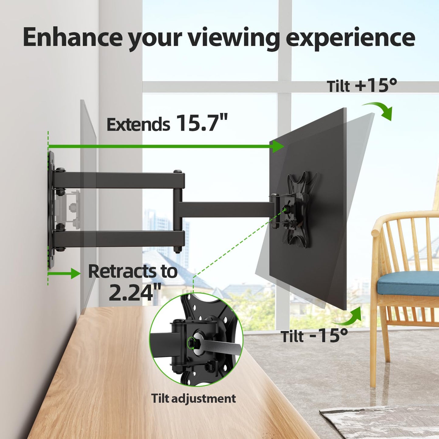 USX MOUNT Full Motion TV Wall Mount - Universal Single Stud Corner Bracket for 13-32 inch TVs, Monitor Wall Mount for LCD Monitor Swivel Tilt Rotation