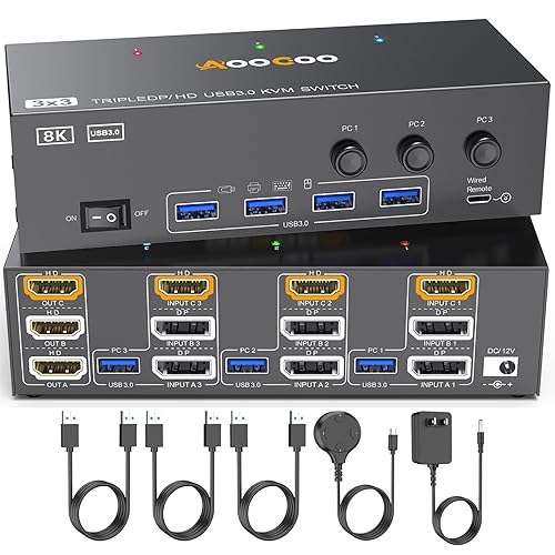 8K HDMI DP KVM Switch 3 Monitors 3 Computers, 8K@60Hz/4K@144Hz Triple Monitor KVM Switches for 3 Computers Sharing 3 Monitors, Keyboard and Mouse,with