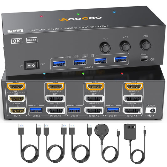 8K HDMI DP KVM Switch 3 Monitors 3 Computers, 8K@60Hz/4K@144Hz Triple Monitor KVM Switches for 3 Computers Sharing 3 Monitors, Keyboard and Mouse,with
