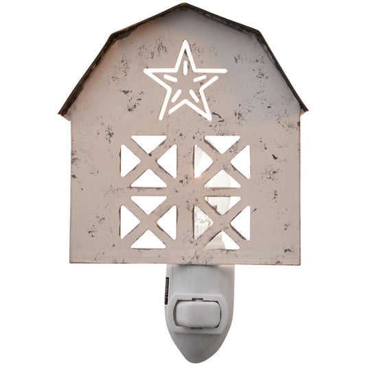 Park Designs Distressed White Barn Night Light | Rustic Metal Plug-in Accent with Star & Window Cutouts | Soft Neutral Illumination | Farmhouse