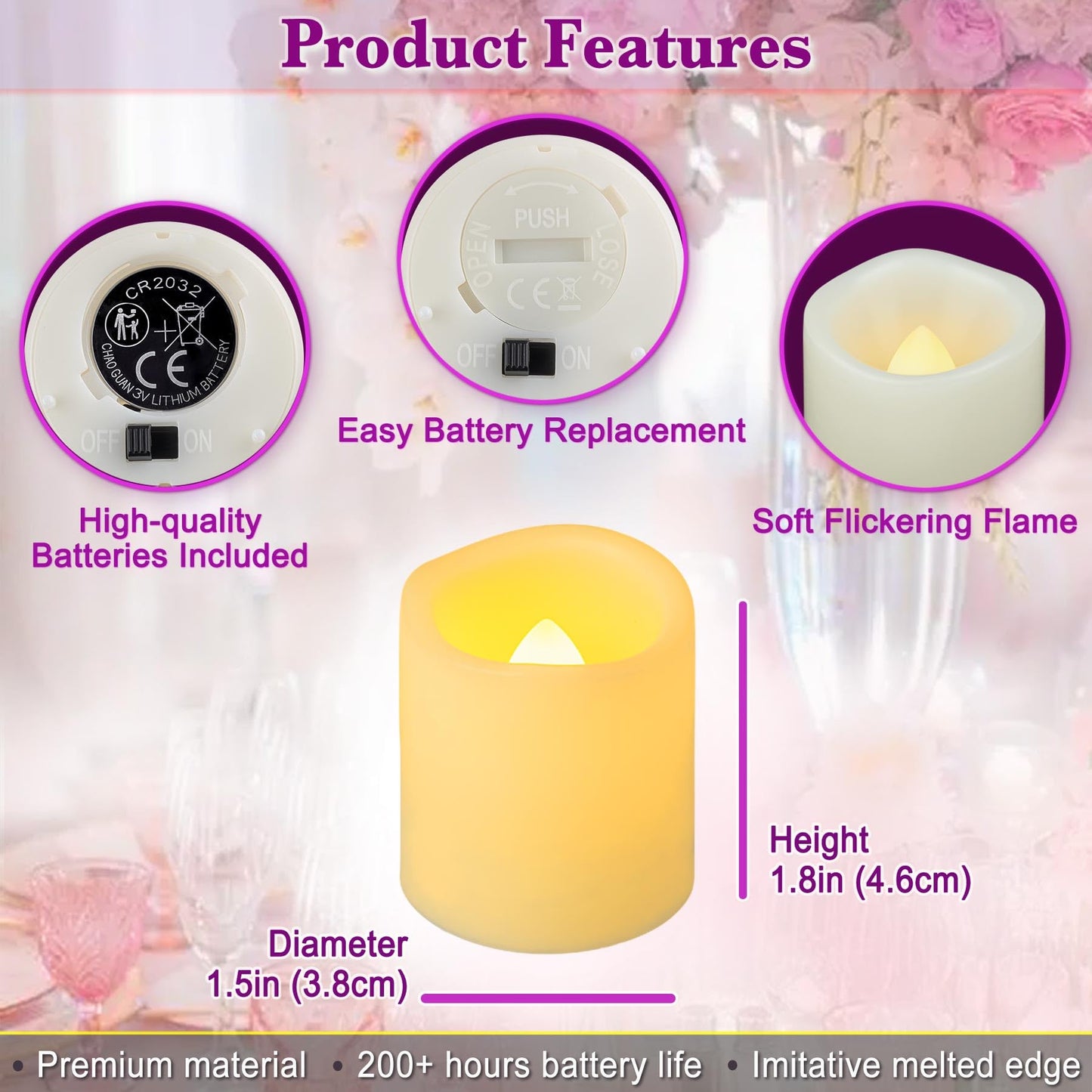 Yakpo 24 Pack 1.5" x 1.8" Flameless Flickering Battery Operated Tea Lights, Lit 200+ Hours Flicker LED Votive Candles, Outdoor Electric Fake Candles