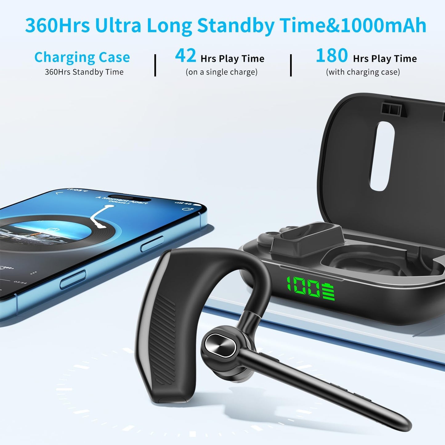 Bluetooth Headset Wireless Earpiece Microphone 180H Playtime 1000mAh Wireless Charging Case Handsfree Single Ear Headset LED Display for iPhone
