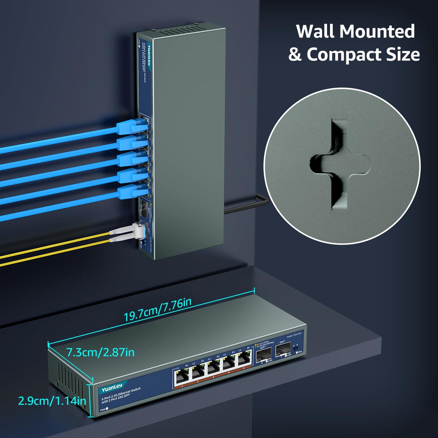 7 Port 2.5G Unmanaged Ethernet Switch, 5 x 2.5G Base-T Ports, 2 x 10G SFP, Compatible with 100/1000/2500Mbps, VLAN, Fanless, Desktop/Wall Mount