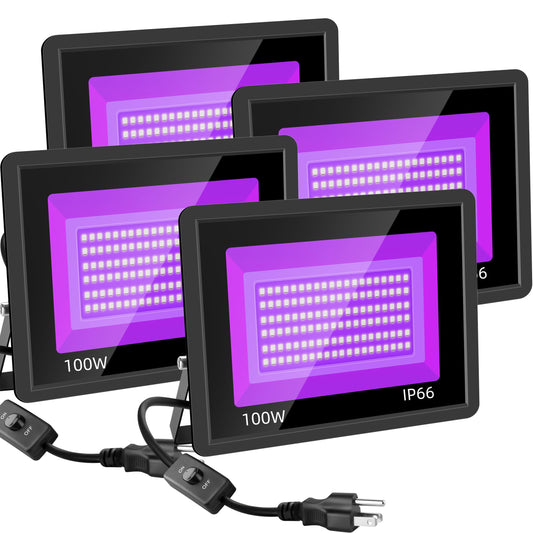 4 Pack 100W LED Black Lights, Blacklight Flood Light with Plug and Switch, IP66 Waterproof Blacklight for Halloween Party, Glow in The Dark, Stage