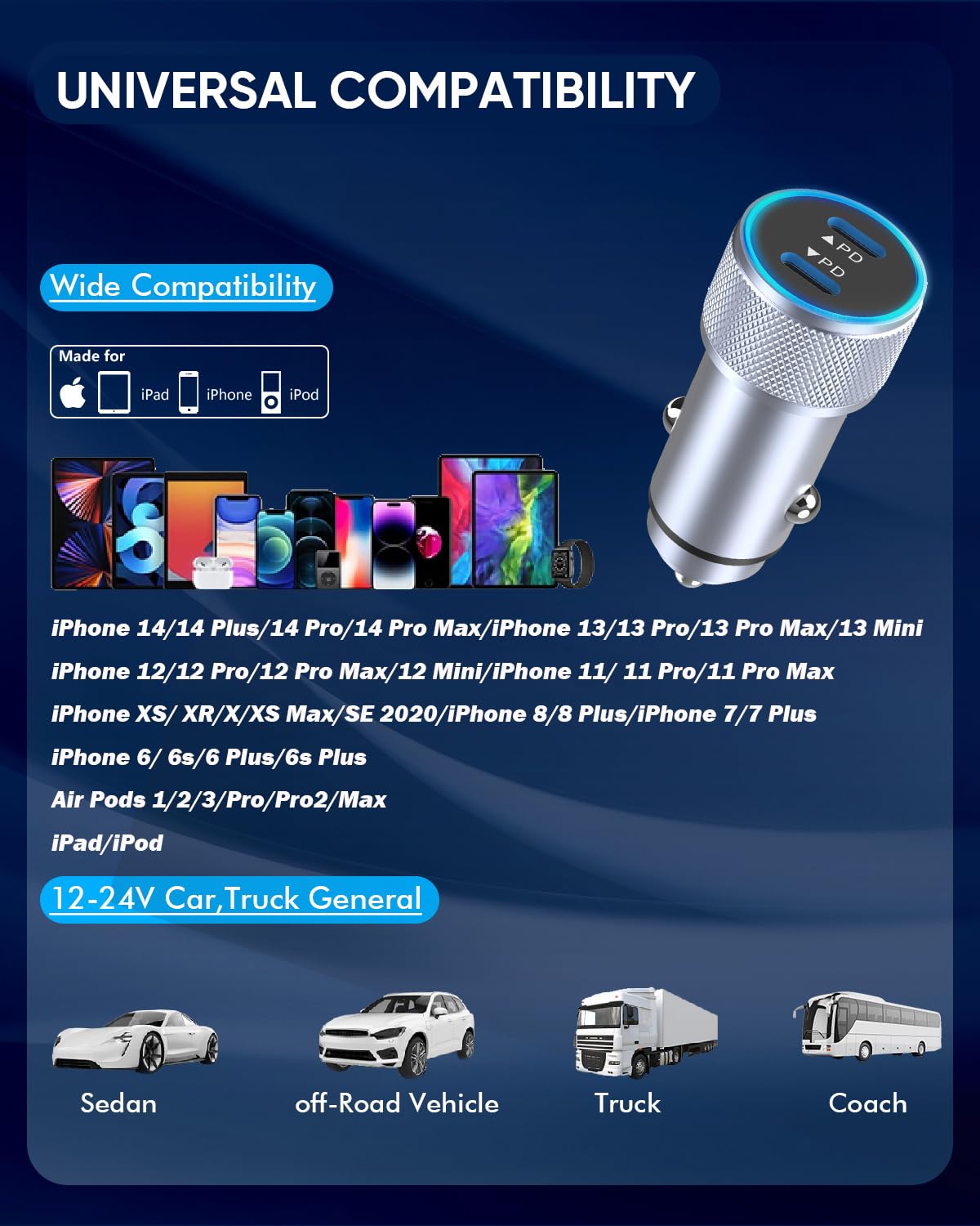 iPhone Fast Car Charger,2Pack Dual Port USB C Car Charger[MFI Certified]Power Delivery Car Adapter with 2Pack Lightning Cable Type C Rapid Car