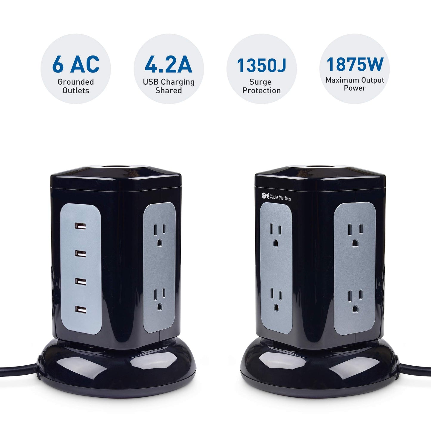 Cable Matters 6 Outlet Surge Protector Tower with 4 USB Charging Ports (4.2A in Total) and 10 Feet Extra Long Power Cord in Black