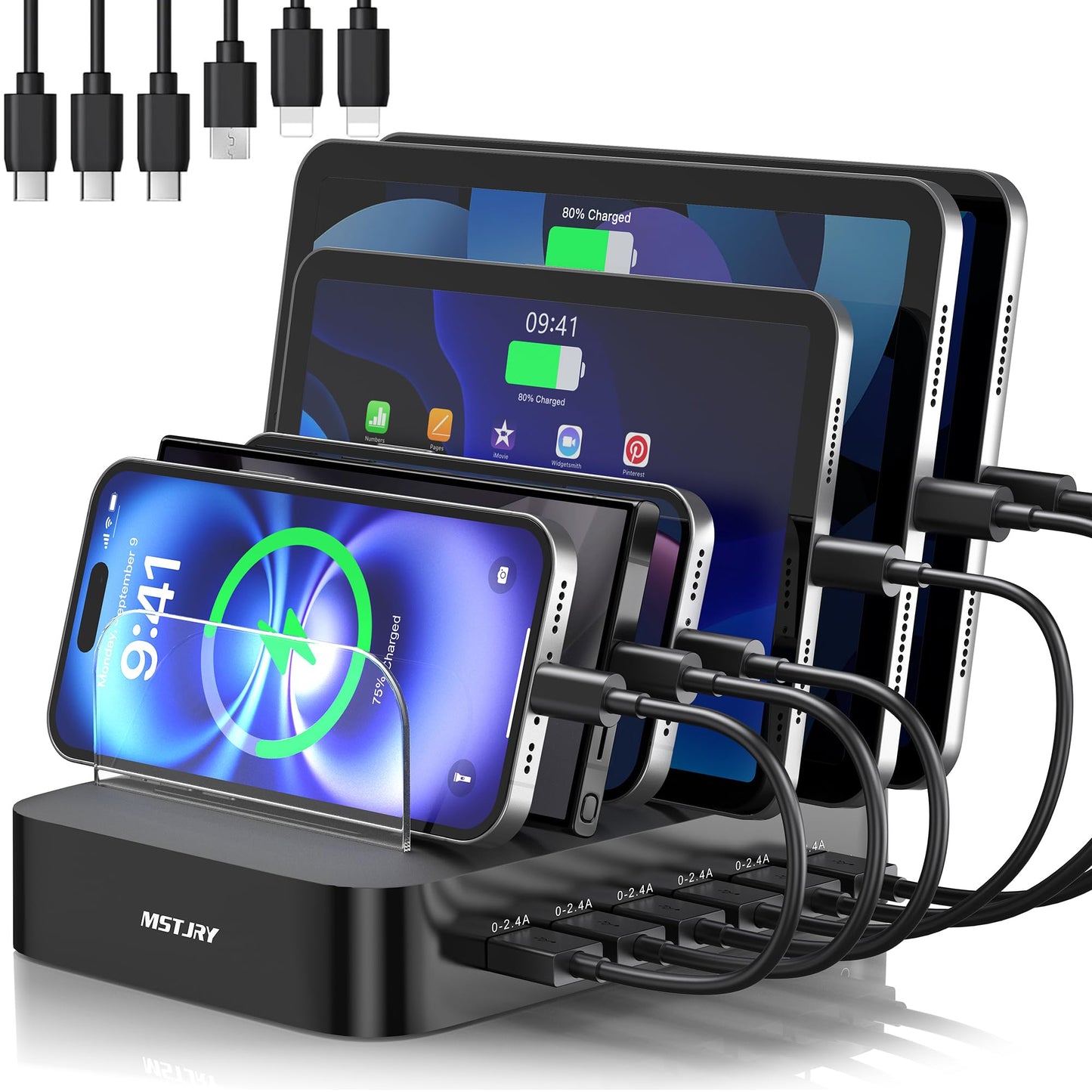 MSTJRY Charging Station for Multiple Devices : 6 Port USB Charger Stations - Family Multi-Device Organizer Charging Dock - Designed for iPhone iPad