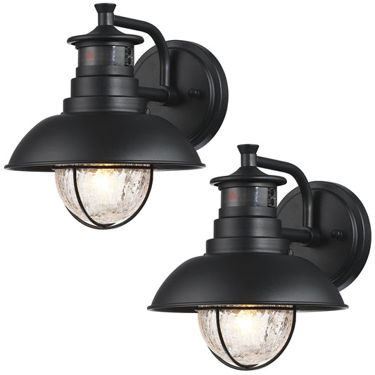 Untrammelife Rustic Outdoor Wall Light Fixture with Dusk to Dawn PIR Motion Sensor 2 Pack Matte Black Outdoor Wall Lantern Lamp with Crackle Glass