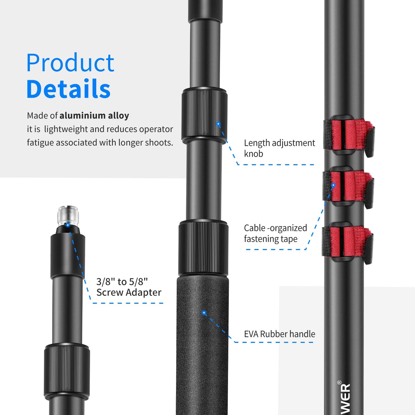 NEEWER NW-7000 Microphone Boom Arm, 3 Section Extendable Handheld Mic Arm with 3/8" & 3/8" to 5/8" Screw Adapter, 3ft to 8ft Adjustable