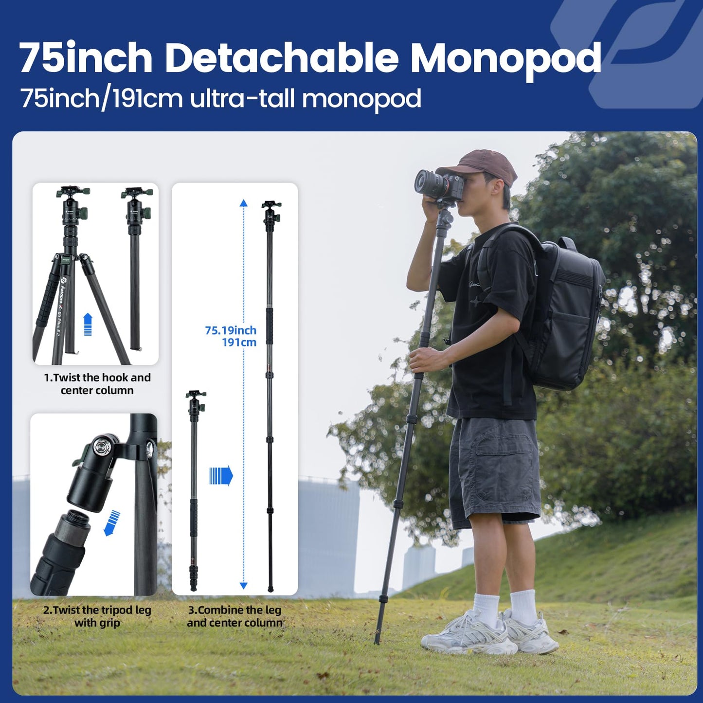 Fotopro 73" Carbon Fiber Tripod for Camera Compact Travel Tripod with Ball Head Detachable Monopod with Quick Release Plate and Camera Bag Load up