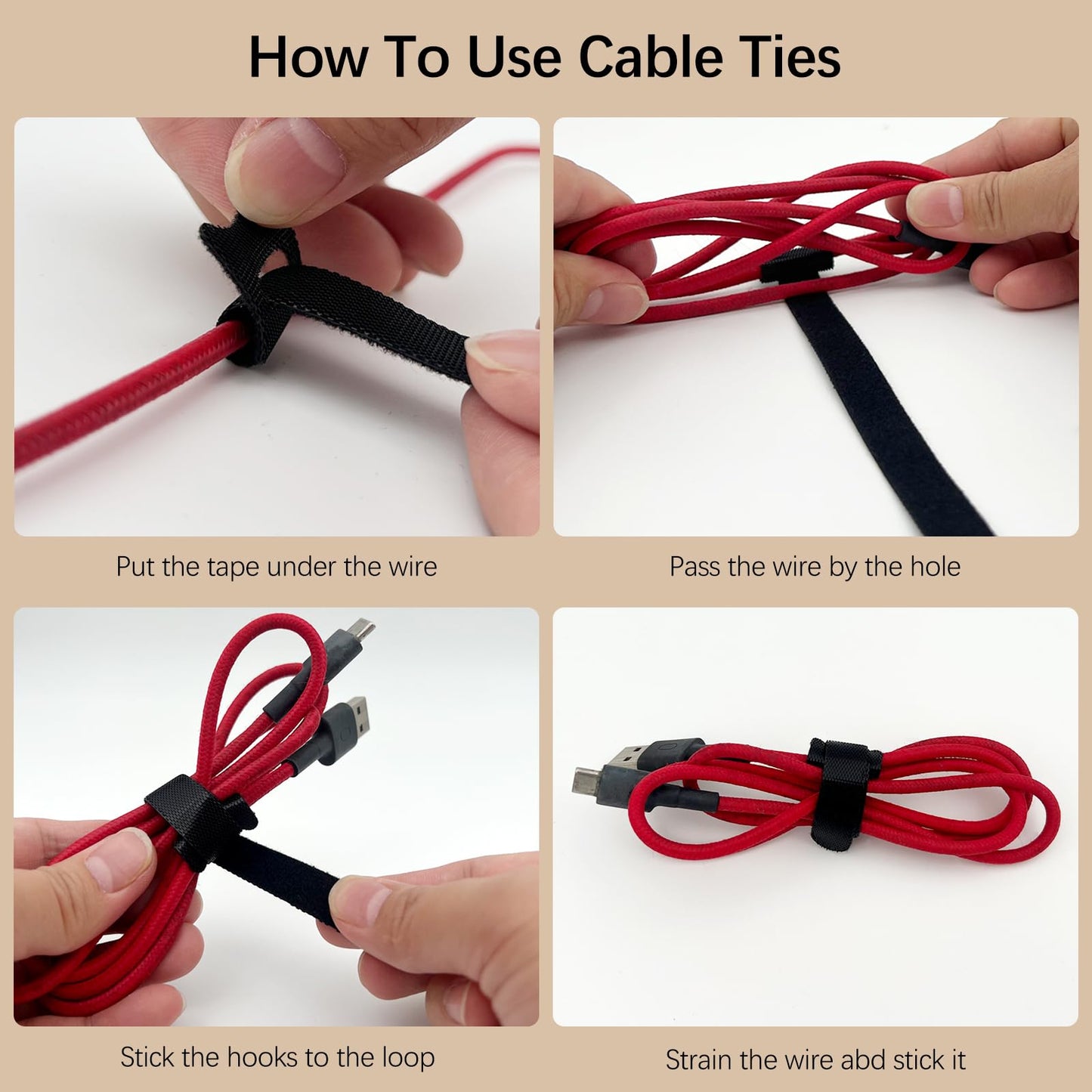 60-Pack Reusable Nylon Cable Ties - Adjustable Hook and Loop Cord Organizer Straps for Home, Office, and Outdoor Use