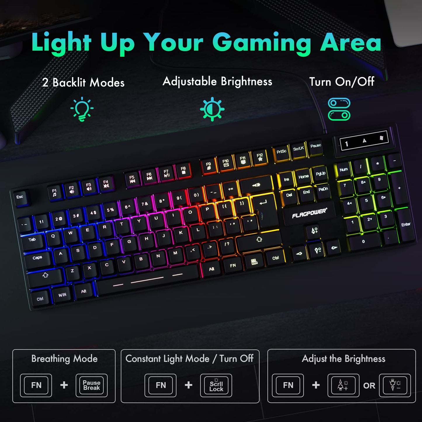 FLAGPOWER RGB Gaming Keyboard and Breathing Mouse Combo, Adjustable Breathing Backlit Mechanical Feeling Keyboard with 4 Colors 4800DPI Backlight