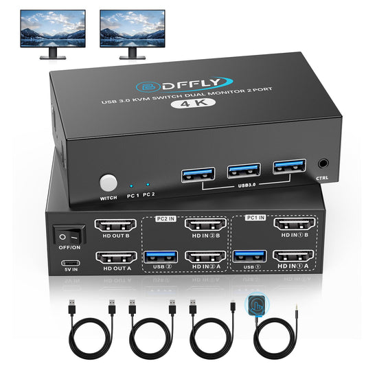 USB 3.0 HDMI KVM Switch 2 Monitors 2 Computers 4K@60Hz, KVM Switches Dual Monitor with 3 USB 3.0 Ports Sharing Keyboard and Mouse, Printer/Scanner