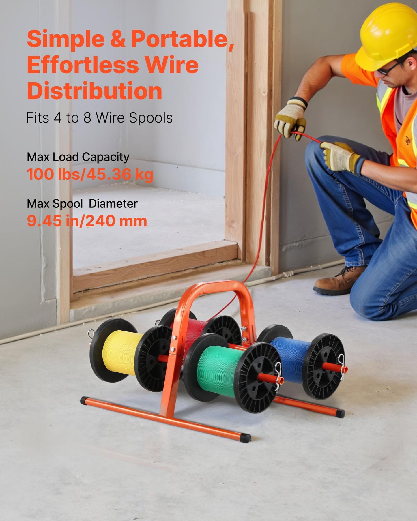 VEVOR Wire Spool Rack, 100 lbs Capacity, Smart Hand Caddy, Heavy-Duty Steel Wire Dispenser Holder for Up to 8 Spools, MAX 9.45 in Diameter, Easy Lift