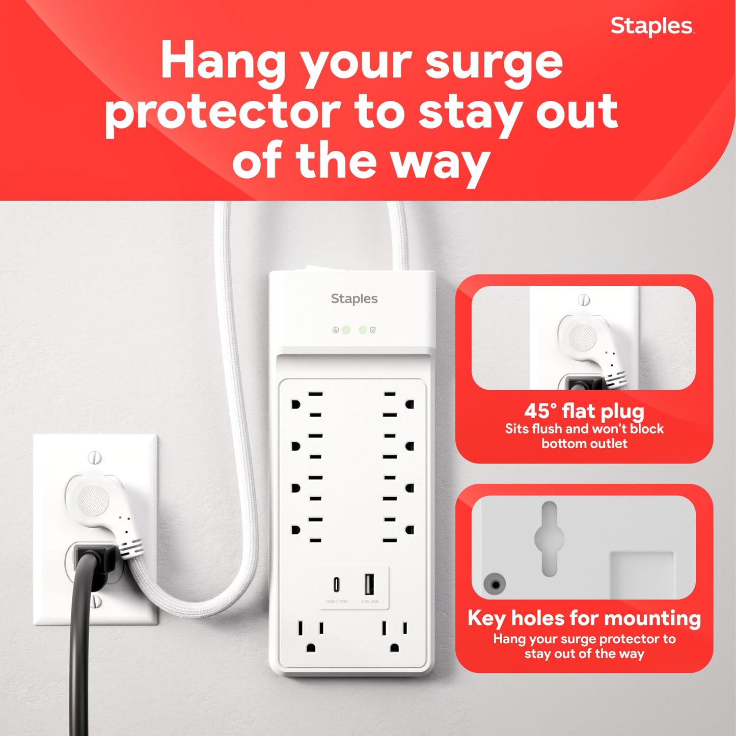 Staples TECH 10?Outlet Surge Protector with 2 USB Charging Ports and 6 ft. Braided Cord with Flat Offset Plug - Ideal for Home & Office, 3000 Joules