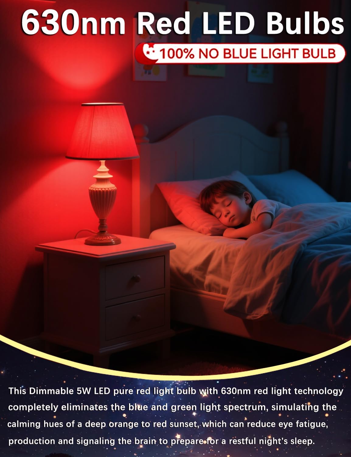 Angyues 630nm Red Light Bulb for Sleep Dimmable, 100% Blue Light Blocking, Promotes Melatonin Production, E26 A15 LED 5W Red Dim Night Light