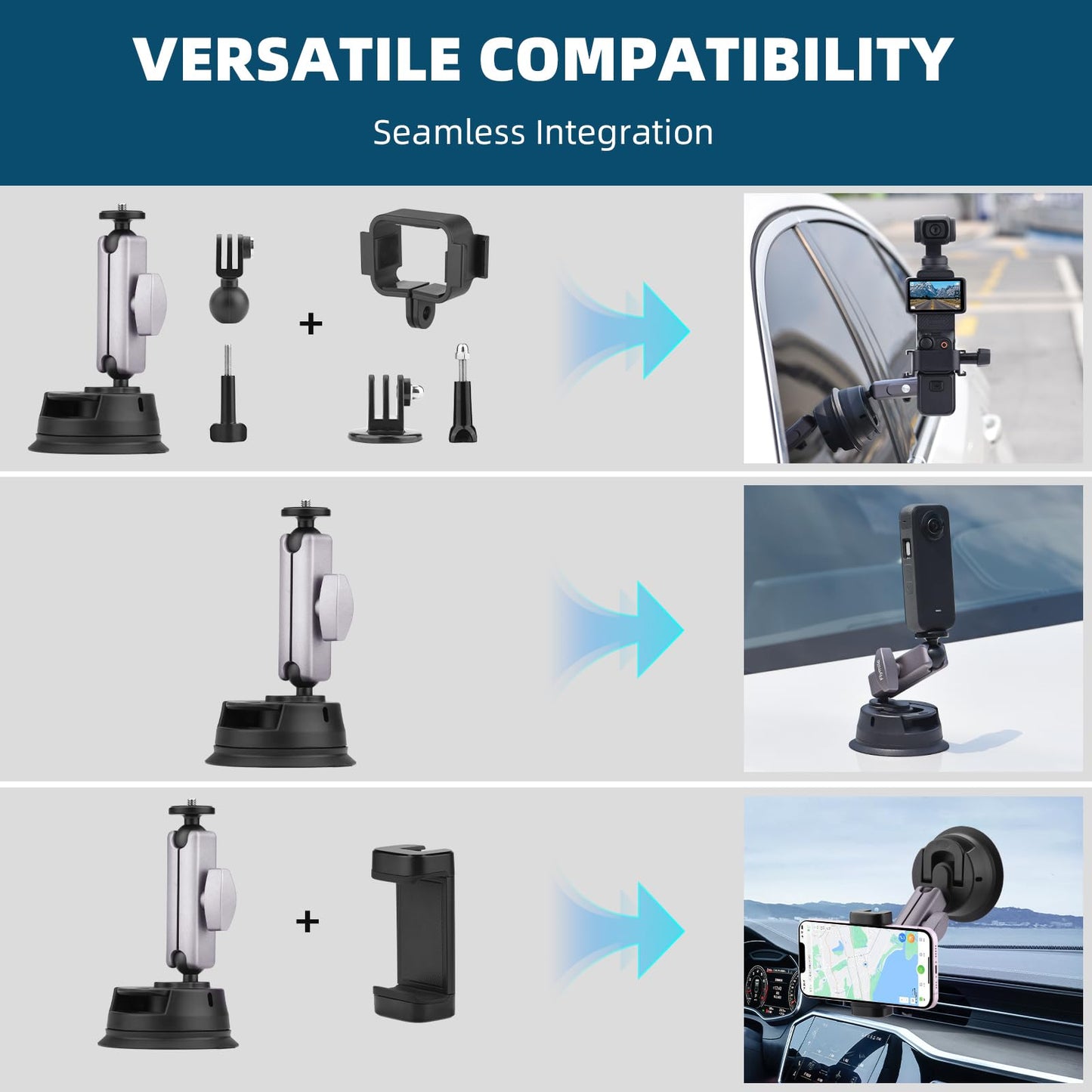 BRDRC Pocket 3 Suction Cup Mount, Car Mount Windshield and Window Camera Holder for DJI Osmo Pocket 3 2, Action 5 Pro 4, Insta360 X4 X3 Go 3S, GoPro