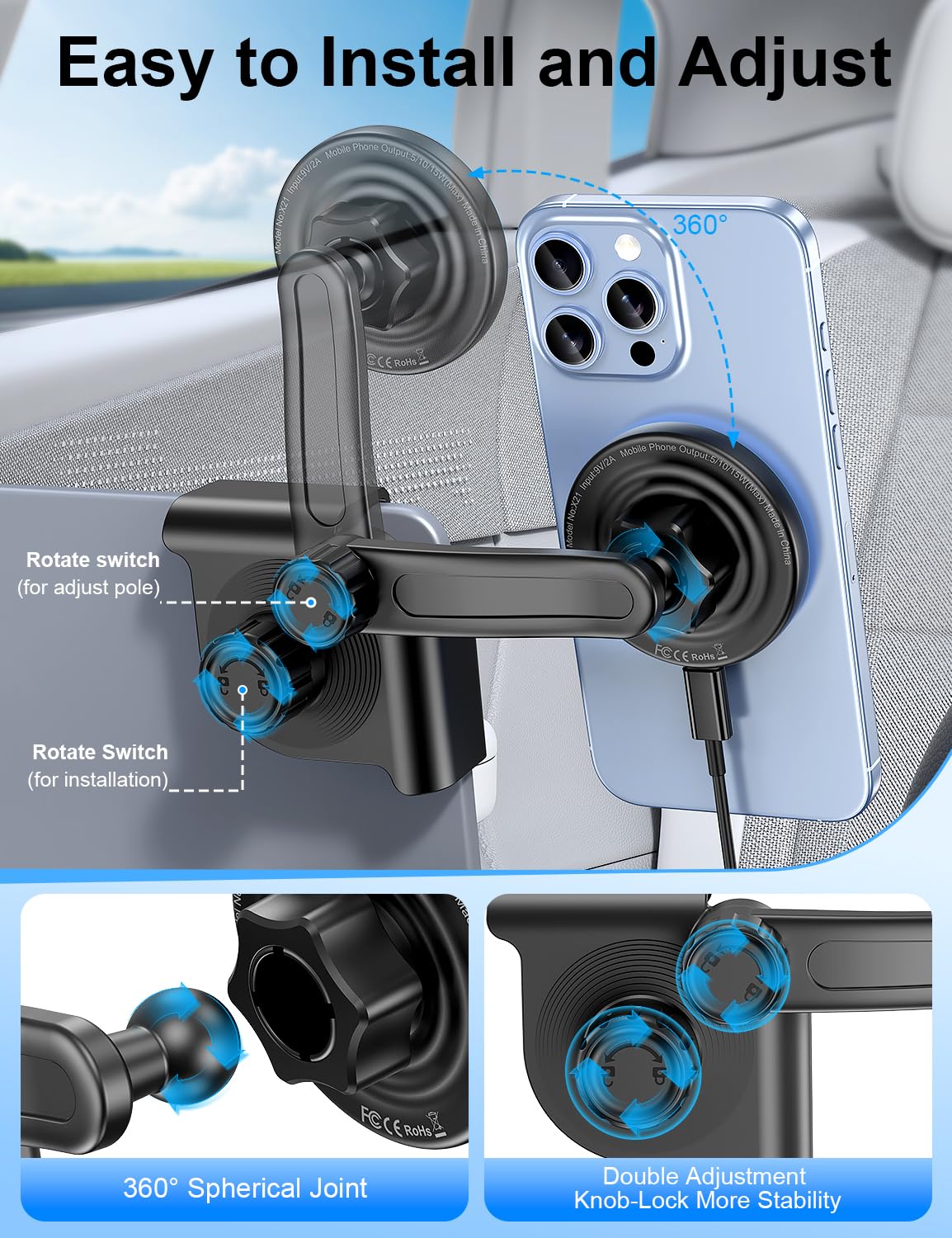 Tesla Car Mount Charger, [Heat Restriction] [LED RGB HandsFree] Wireless Car Phone Holder Charger, Magnetic Phone Holders for Your Car for Tesla Model