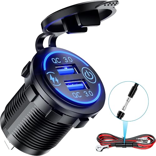 KEWIG Quick Charge 3.0 Dual USB Charger Socket Waterproof 36W 12V 24V USB Outlet Fast Charge with Touch Switch & Blue LED DIY Kit for Car Boat Marine