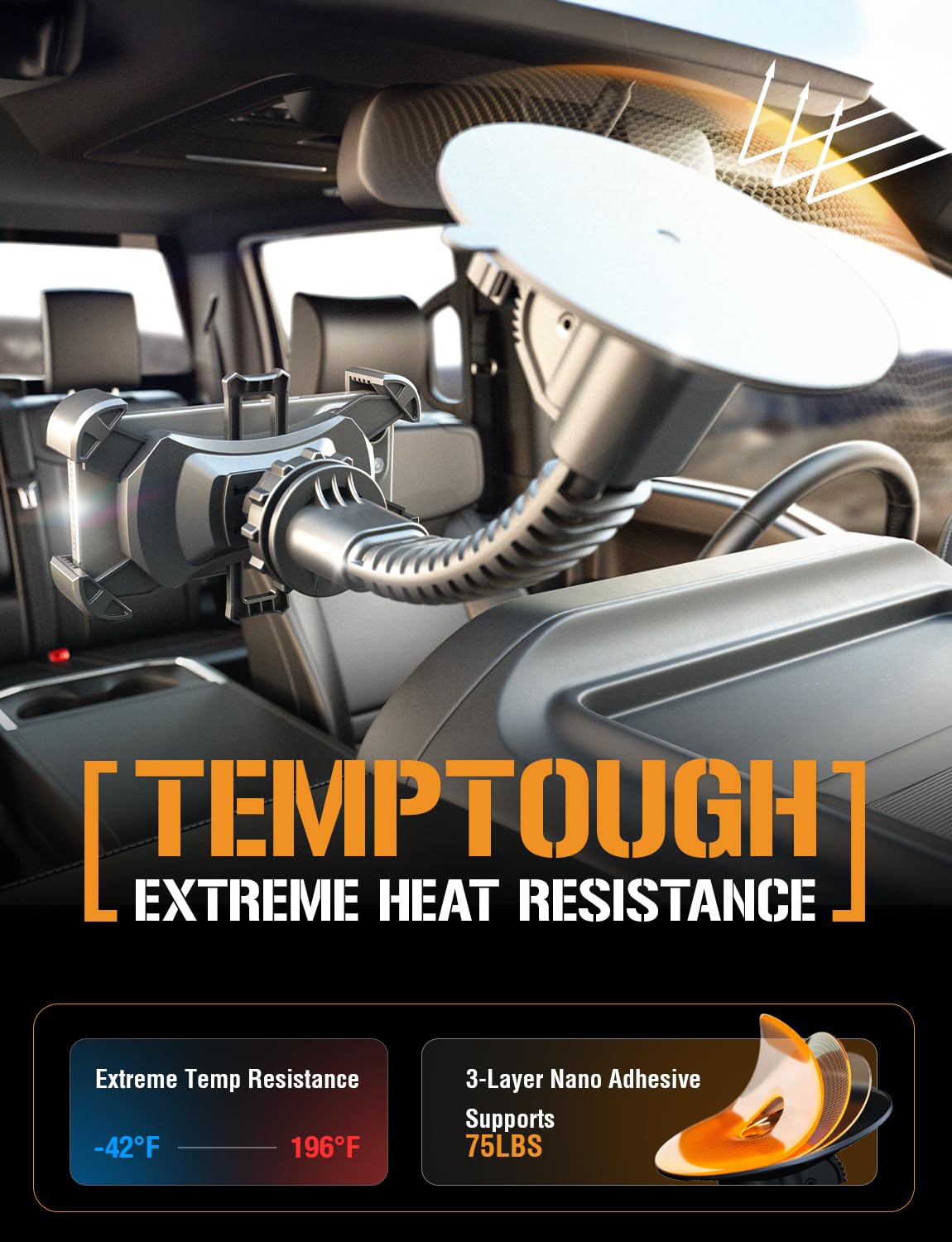 ToughTested Mammoth Truck Windshield Phone Mount, Vibration Absorbing Car Phone holder with One-hand Quick Release, Double-ribbed Gooseneck
