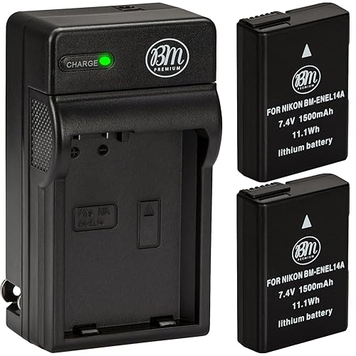 BM Premium Pack of 2 EN-EL14A Batteries and Charger for Nikon D3100, D3200, D3300, D3400, D3500, D5100, D5200, D5300, D5500, D5600, DF, Coolpix P7000