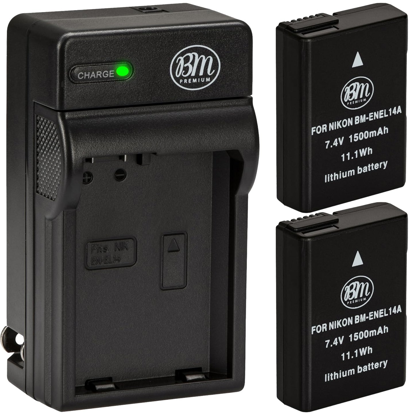 BM Premium Pack of 2 EN-EL14A Batteries and Charger for Nikon D3100, D3200, D3300, D3400, D3500, D5100, D5200, D5300, D5500, D5600, DF, Coolpix P7000