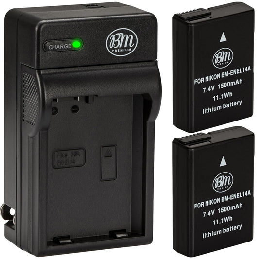 BM Premium Pack of 2 EN-EL14A Batteries and Charger for Nikon D3100, D3200, D3300, D3400, D3500, D5100, D5200, D5300, D5500, D5600, DF, Coolpix P7000
