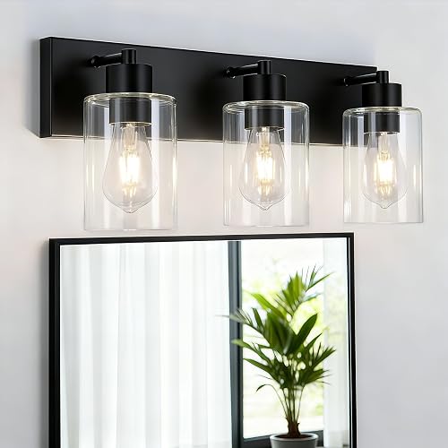 Chosenior 3-Light 22 Inch Matte Black Bathroom Vanity Light, Modern Farmhouse Wall Sconce Over Mirror with Clear Glass Shade E26 Base