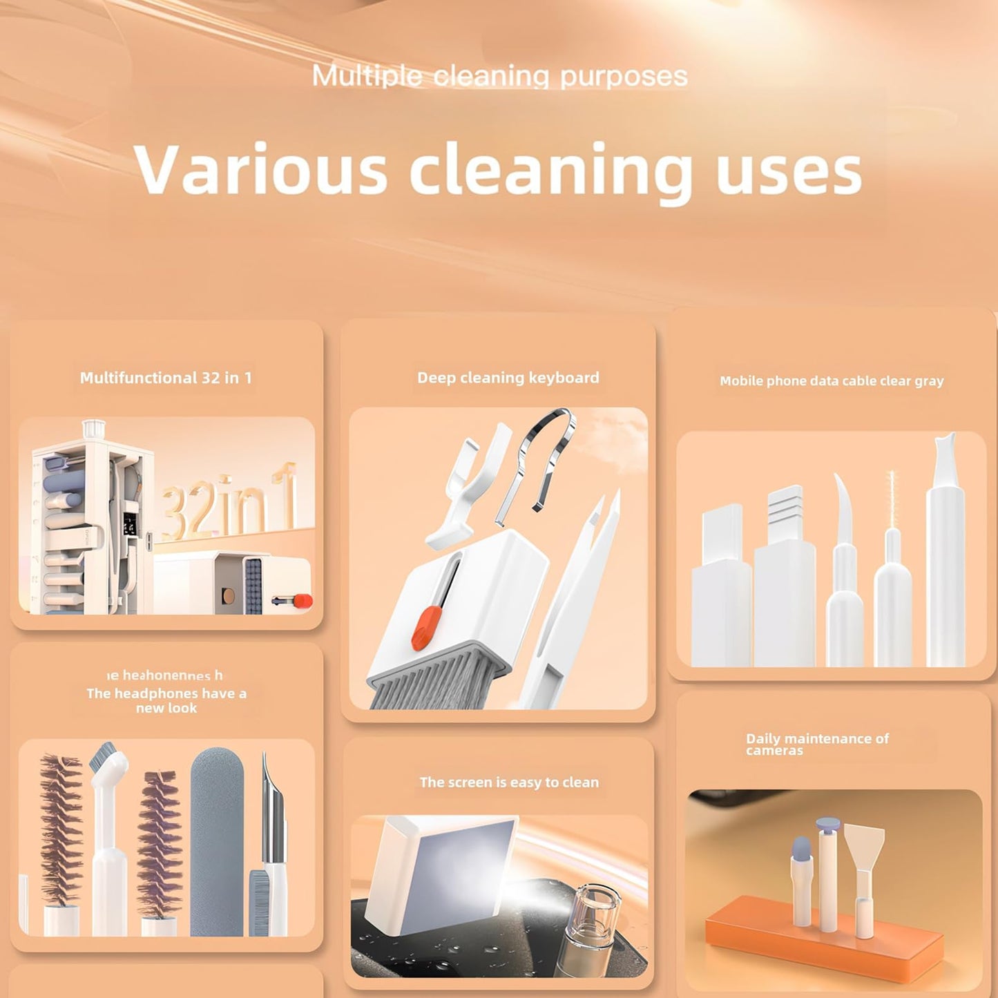 Laptop Phone Computer Screen Cleaner Kit, 32-in-1 Keyboard Cleaning Brush Tools, Multi-Function Electronic Device Clean Tool for Camera Lens PC