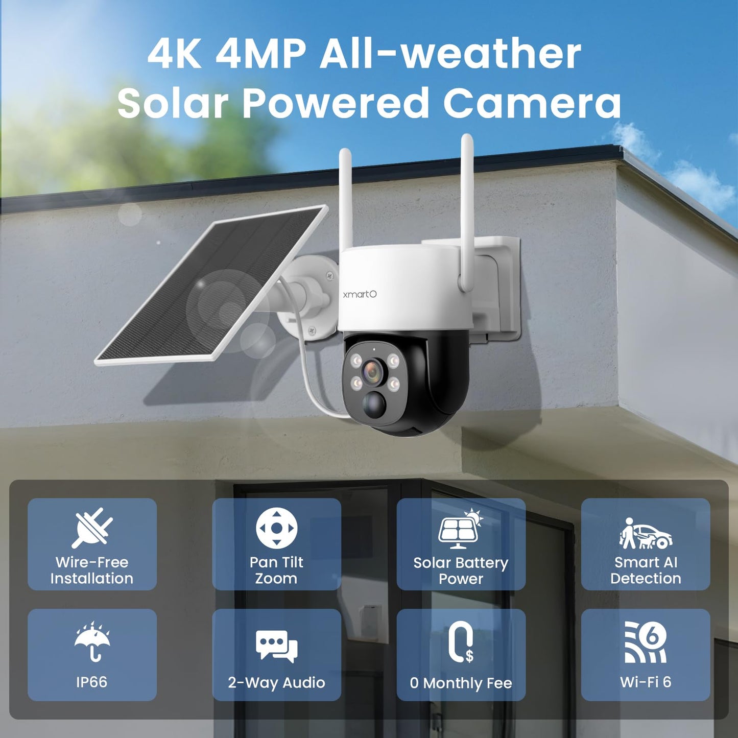 xmartO Solar/Battery-Powered Wire-Free PTZ Home Security Camera Wireless Outdoor/Indoor CCTV Surveillance (Non-Stop Solar Power, Rechargeable Battery
