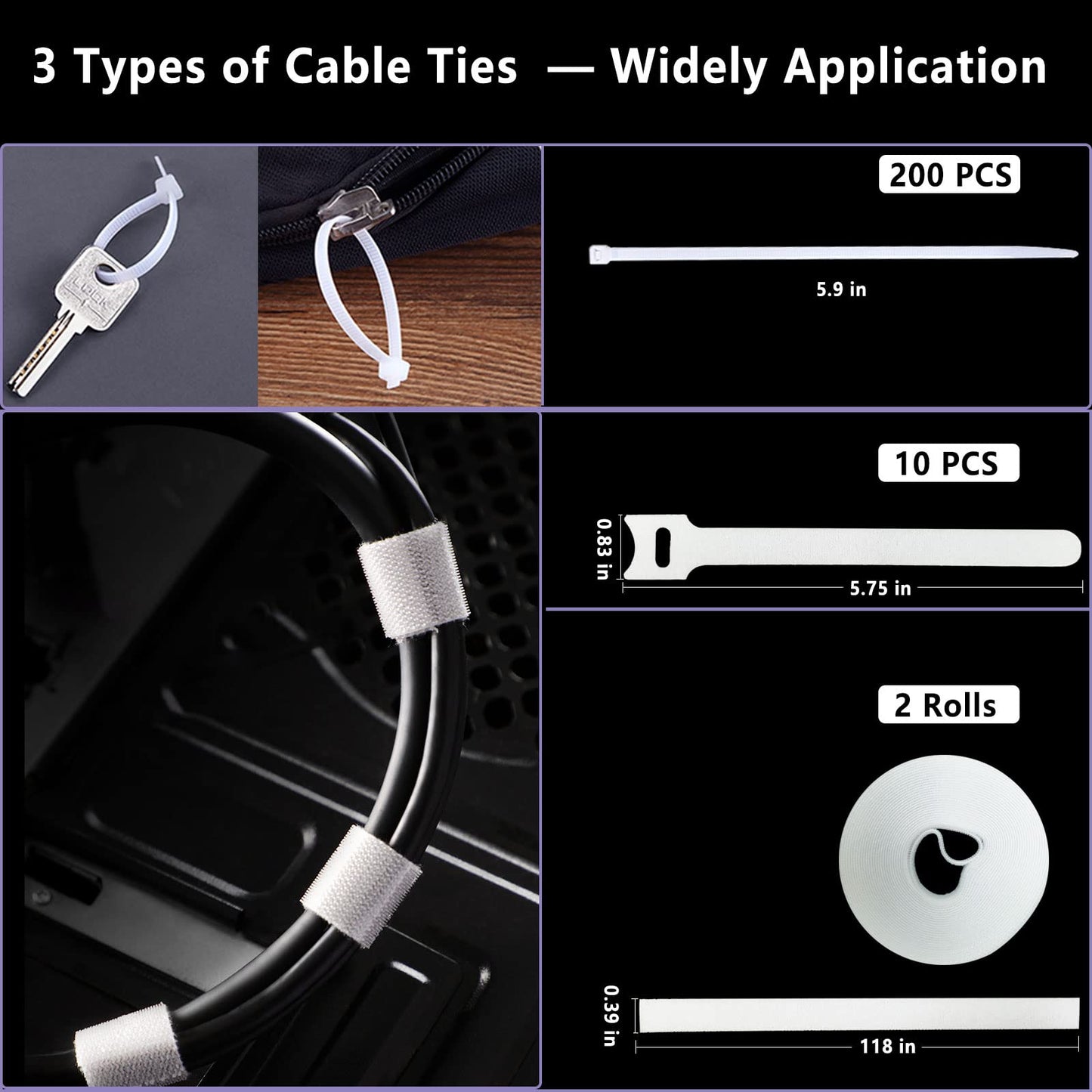 DRIVUU White Cable Management Organizer Kit 4 Cable Sleeve Split,47Cable Clips 12Cord Clips Holder,22 Cable Ties, 20 Adhesive Wall Cable Tie