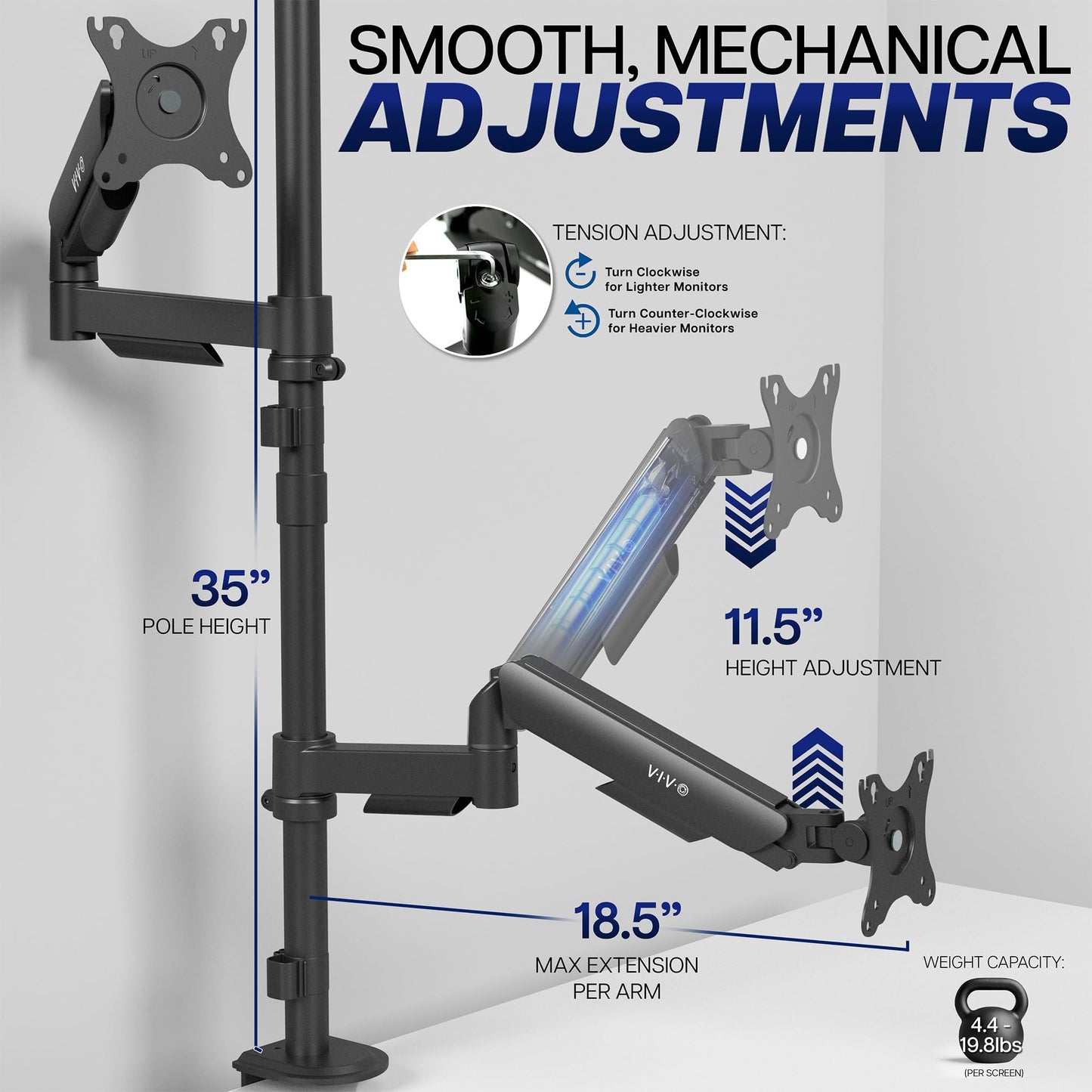 VIVO Dual Monitor Arm Extra Tall Mount for Screens up to 32 inches, Mechanical Height Adjustment, Full Articulating Heavy Duty VESA Stand with Desk