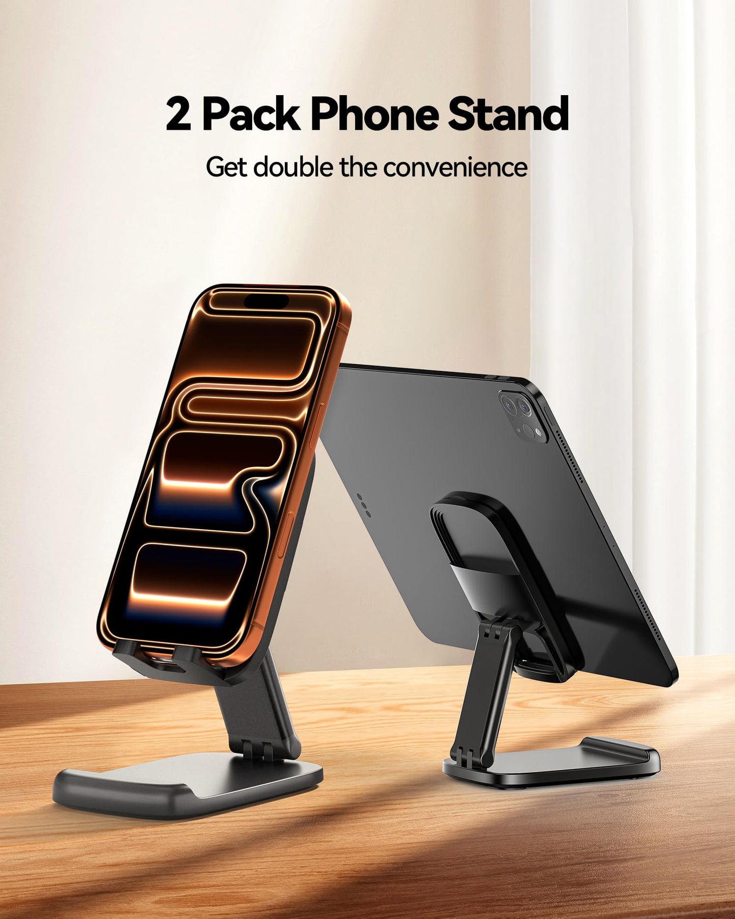 2 Pack Cell Phone Stand for Desk, iPad Stand [Height Adjustable & Upgraded Stable Base] Foldable & Non-Slip Silicone Pad Phone Holder, iPhone Stand
