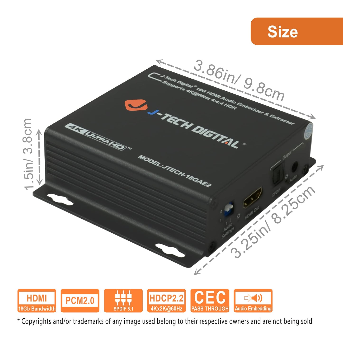 J-Tech Digital 4K 60HZ HDMI Audio Extractor with HDMI Audio Embedder Optical SPDIF + 3.5MM Output Supports 18Gpbs Bandwidth, HDCP 2.2, Dolby